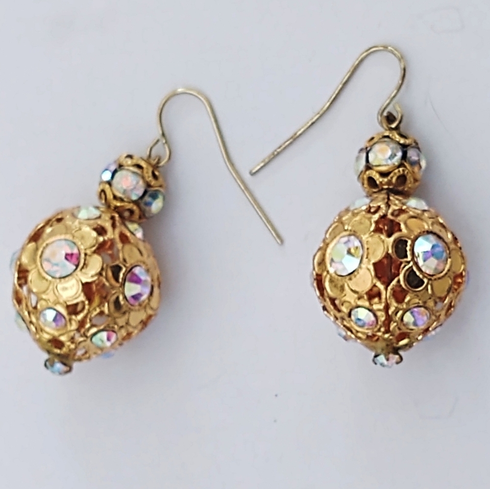 Stunning Vintage AB Crystal Gold Drop Earrings